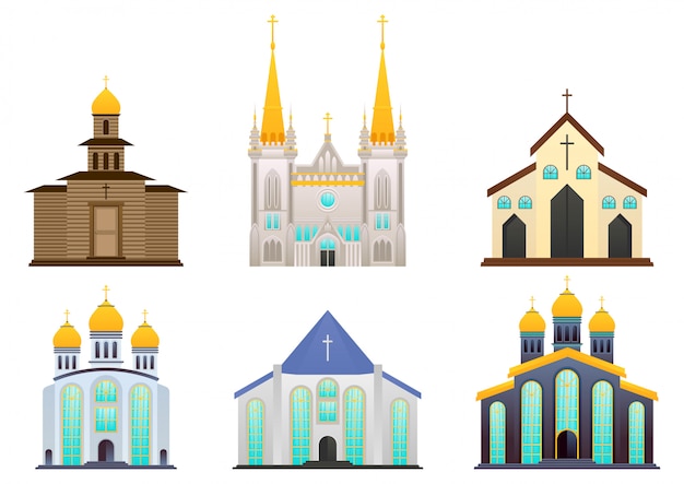 Plik wektorowy zestaw budynku kościoła chrześcijańskiego, katolickiego lub katedr.