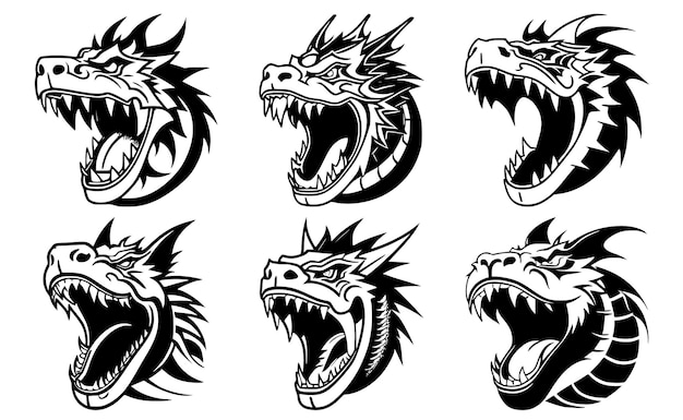 Zestaw chińskich głów smoka z otwartymi ustami i obnażonymi kłami z różnymi gniewnymi wyrażeniami pyska Symbole emblematu tatuażu lub logo izolowane na białym tle