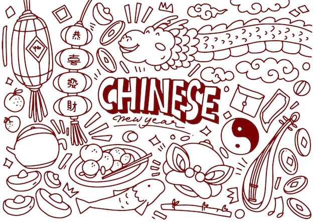 Plik wektorowy zestaw chińskiego nowego roku doodle wyizolowany na białym tle