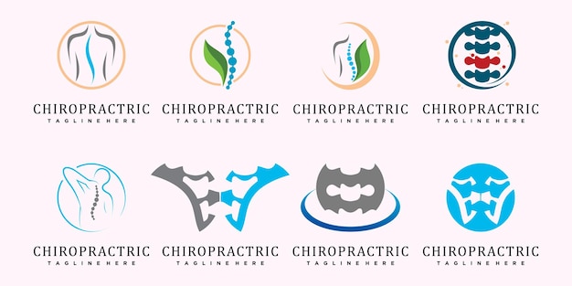Plik wektorowy zestaw chiropraktyczny do projektowania logo kliniki do masażu z kreatywnym elementem premium vector