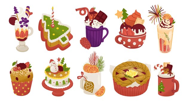 Plik wektorowy zestaw ciast i napojów ozdobionych czekoladowymi jagodami i śmietaną słodkie przekąski na przyjęcie noworoczne menu na świąteczny stół ilustracja wektorowa