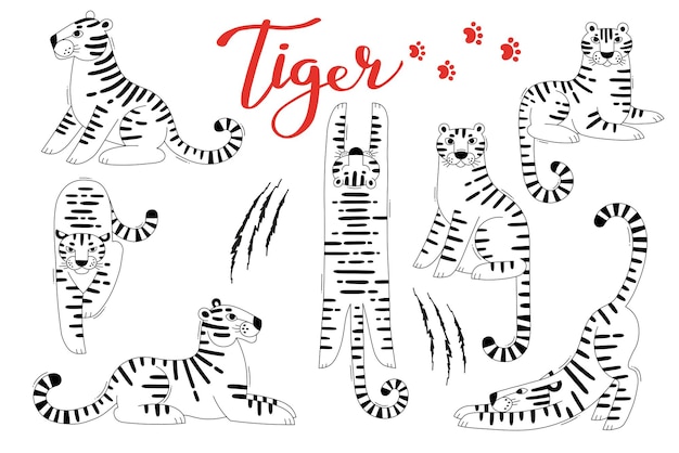 Plik wektorowy zestaw clipartów tygrysy. tygrys zodiaku symbole nowy rok 2022. ilustracja wektorowa.