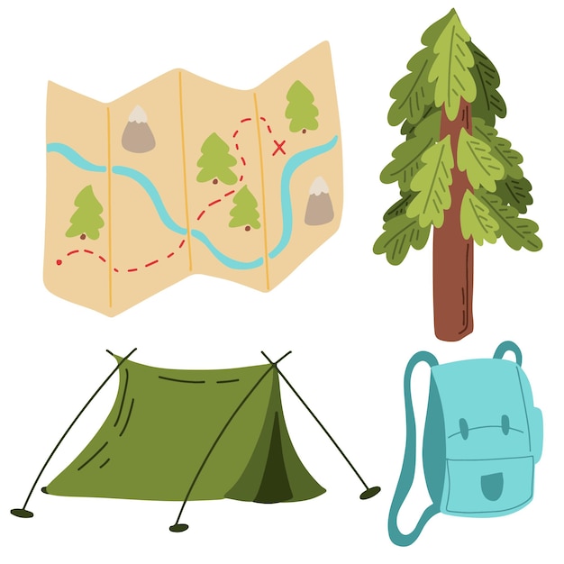 Zestaw cliparts wycieczka camping namiot mapa drzewo ilustracja wektorowa na białym tle