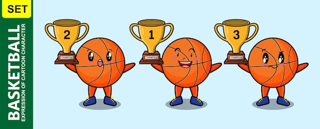 Zestaw Cute Cartoon Koszykówki Trzymającej Trofeum Ze Szczęśliwym Wyrazem W Nowoczesnym Stylu 3d