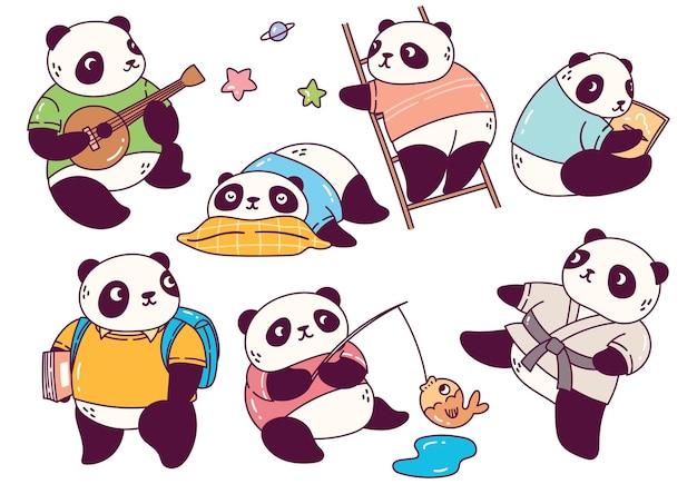 Zestaw Cute Cartoon Panda Robi Różne Czynności