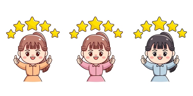 zestaw cute girl kciuki w górę i pięć gwiazdek ilustracja kreskówka postać wektora