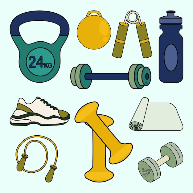 Plik wektorowy zestaw ćwiczeń na siłowni i sprzętu fitness prosta płaska linia ilustracji