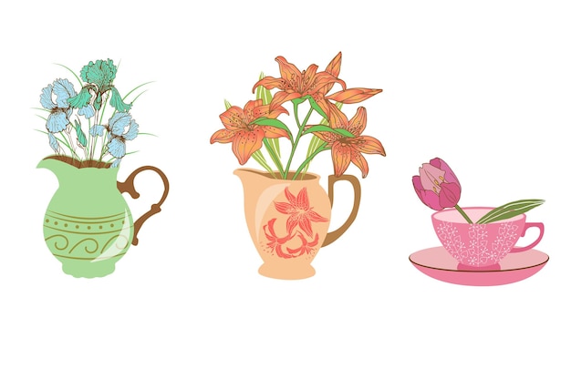 zestaw czajnika do rysowania wektorowego z bukietem kwiatów