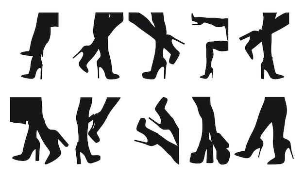 Plik wektorowy zestaw czarnej sylwetki kobiecych nóg w pozycji buty na szpilkach wysokie obcasy chodzenie stojące bieganie