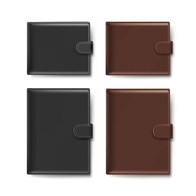 Zestaw czarnych i brązowych skórzanych portfeli