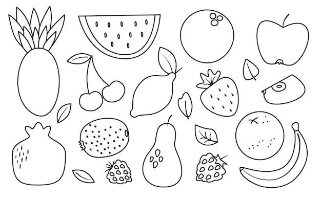 Plik wektorowy zestaw czarnych ikon linii kreskówek owoców i jagód