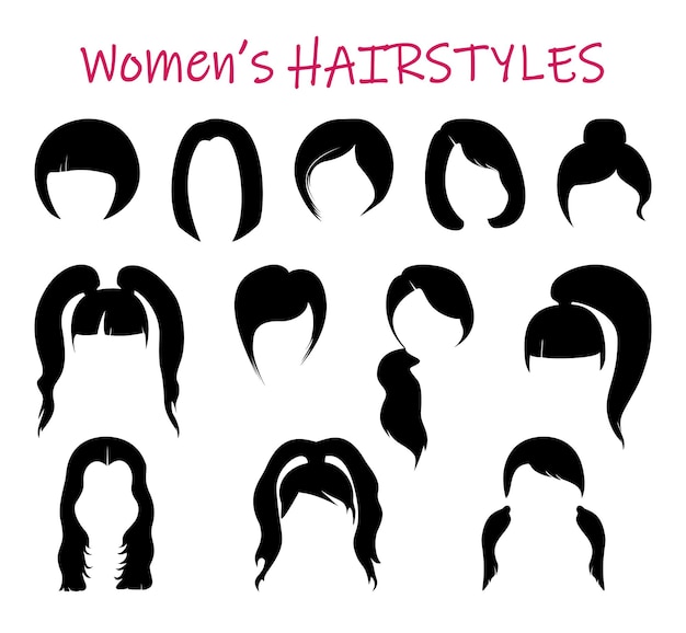 Plik wektorowy zestaw czarnych sylwetek kobiecych głów z różnymi modnymi fryzurami płaski wektor nowoczesne długie i krótkie fryzury oraz zestaw projektantów stylizacji włosów