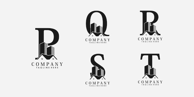 Zestaw Czcionki Listowej Pqrst Logo Wektor Z Ikoną Nieruchomości I Budynku