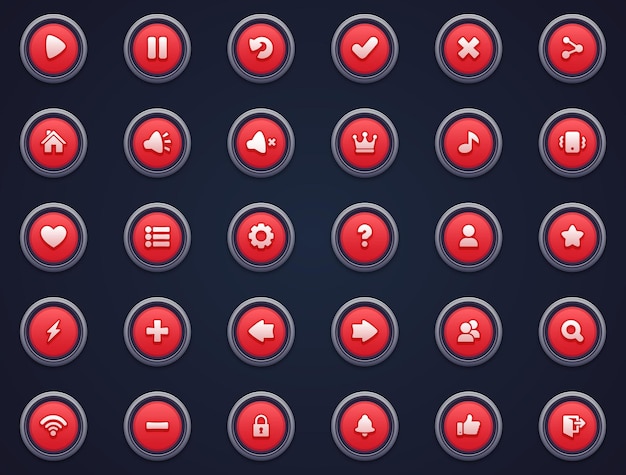 Plik wektorowy zestaw czerwonych przycisków do gier mobilnych interfejs gier kreskówki ui przyciski zestaw gry ui przyciskami zestaw