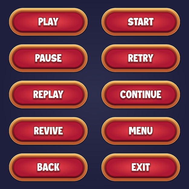 Plik wektorowy zestaw czerwonych przycisków do gier mobilnych z edytowalnym efektem tekstowym do tworzenia gier 2d