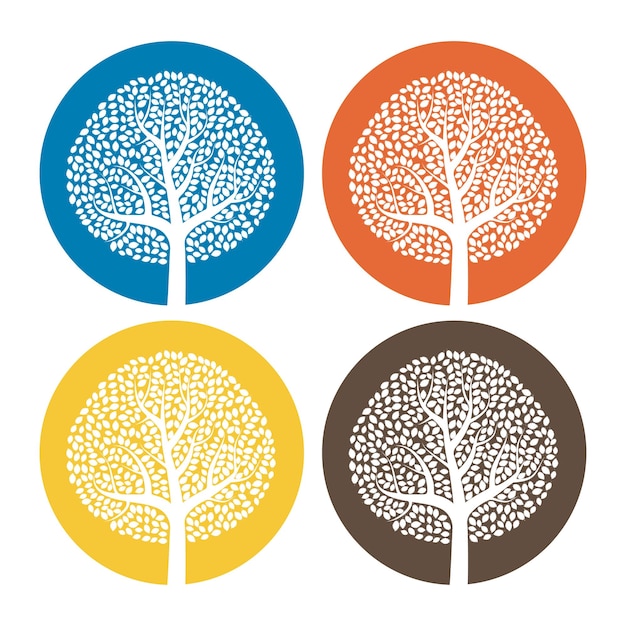 Zestaw Czterech Białych Drzew Z Liśćmi Na Kolorowym Okrągłym Tle Vector Illustrationxa