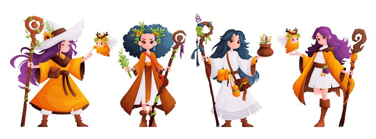 Wektor zestaw czterech dziewcząt strażników lasu kobieta druid zielarz lub uzdrowiciel z drewnianą laską strażnik lasu i ciekawy duch lasu ilustracja wektorowa w stylu kreskówki