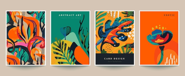 Plik wektorowy zestaw czterech gotowych kart wektorowych lub plakatów w nowoczesnym abstrakcyjnym stylu z motywami natury, kwiatami, liśćmi i ręcznie rysowaną teksturą