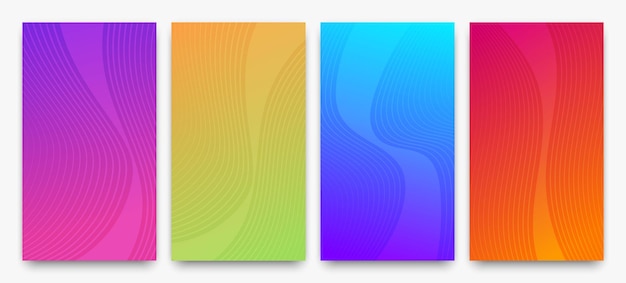 Zestaw czterech nowoczesnych kolorowych gradientowych tła z liniami. Jasne geometryczne abstrakcyjne tła prezentacji. Ilustracja wektorowa