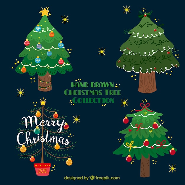 Zestaw Czterech Ręcznie Rysowane Drzewa Na Boże Narodzenie Uroczystości