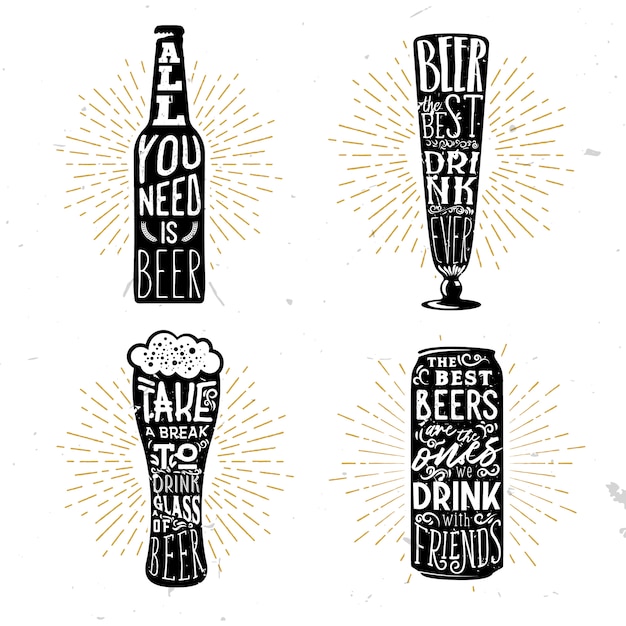 Zestaw Czterech Typograficznych Piwnych Odznak Z Cytatami