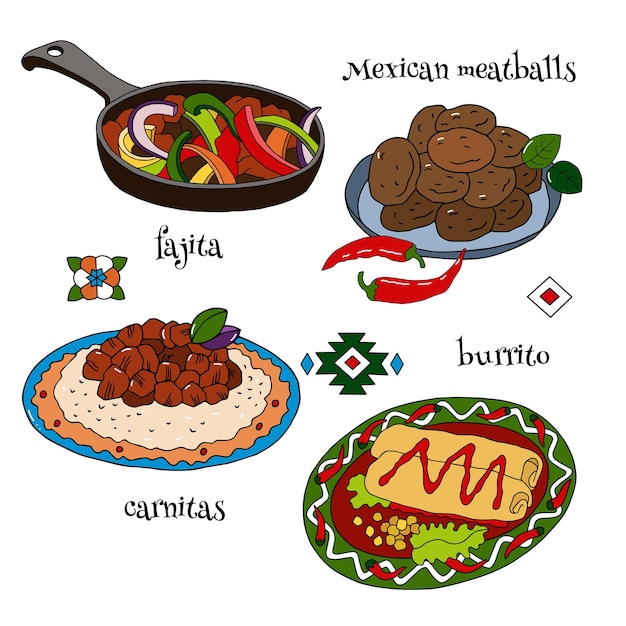 Plik wektorowy zestaw dań kuchni latynoamerykańskiej burrito, fajita, klopsiki, carnitas