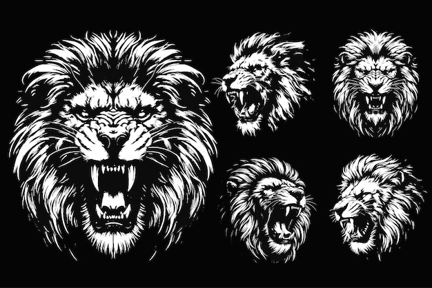 Zestaw Dark Art Lion Beast King Animal Fangs Art Tattoo Grunge Vintage Styl Ilustracja