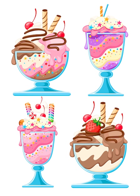 Plik wektorowy zestaw deserów lodowych w miseczkach szklanych. słodki deser owocowy ze słomkami waflowymi, jagodami, czekoladą. ilustracja na białym tle