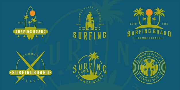 Zestaw Deska Surfingowa Na Plaży Logo Vintage Wektor Ilustracja Szablon Ikona Projekt Graficzny. Pakiet Zbiór Różnych Znaków I Symboli Deski Surfingowej W Stylu Typografii Dla Podróży I Biznesu