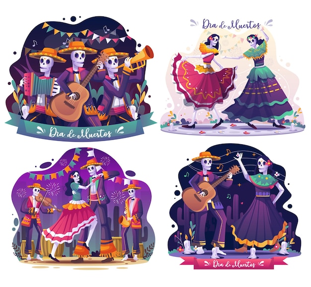 Zestaw Dia De Muertos Z Parą Tancerzy Czaszek I Szkieletów Muzyków Grających Ilustrację Muzyczną
