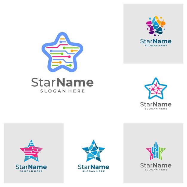 Zestaw Digital Star Icon Logo Design Element Tech Star Szablon Wektor Logo