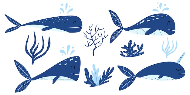 Zestaw Dla Dzieci Niebieskich Wielorybów Piękne Wieloryby I Dorośli Zestaw Morski Ilustracja Wektorowa