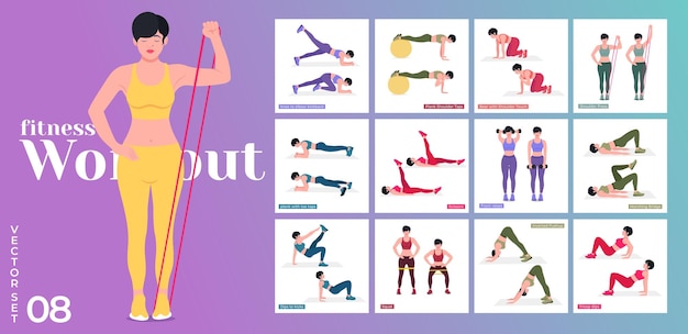 Plik wektorowy zestaw do ćwiczeń dla kobiet kobiety wykonujące ćwiczenia fitness i jogę