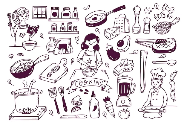 Plik wektorowy zestaw do gotowania doodle naczynia kuchenne i składniki
