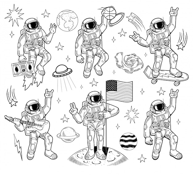 Zestaw Do Grawerowania Z Pakietem Kosmicznym Z Różnymi Astronautami, Skafandrem Kosmicznym, Planetami Ziemskimi, Gwiazdami, Ufo, Galaktyką, Meteorytem. Doodle Ilustracja Kreskówka.