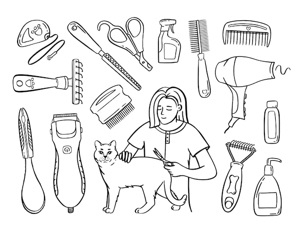 Plik wektorowy zestaw do pielęgnacji zwierząt domowych salon dla zwierząt w stylu doodle zwierzę i postać ręcznie narysowane ilustracje wektorowe