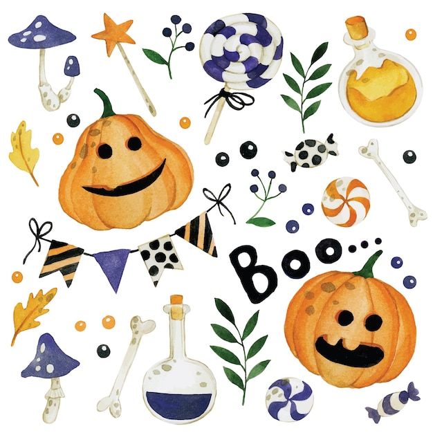 Zestaw Do Rysowania Akwareli Kolekcja Clipartów Na Temat Halloween Na Białym Tle