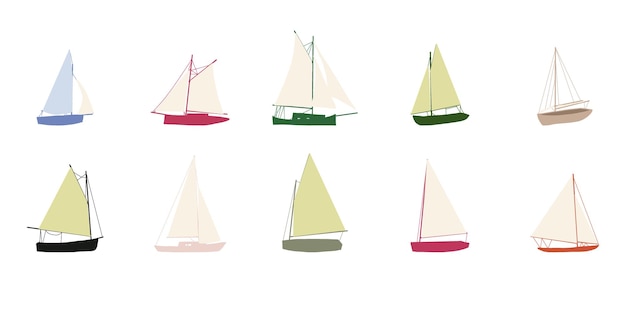 Plik wektorowy zestaw do rysowania łodzi rybackich małe statki w uroczej płaskiej konstrukcji styl zabawki dla dzieci