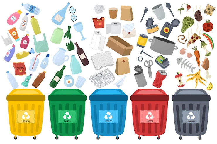 Wektor zestaw do sortowania śmieci z koszami do recyklingu. zbiórka do sortowania odpadów z pojemnikami w różnych kolorach