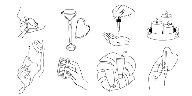 Zestaw Do Spa I Pielęgnacji Skóry Kolekcja Graficznych Ilustracji Produktów Kosmetycznych I Zabiegów Pielęgnacyjnych Na Twarz