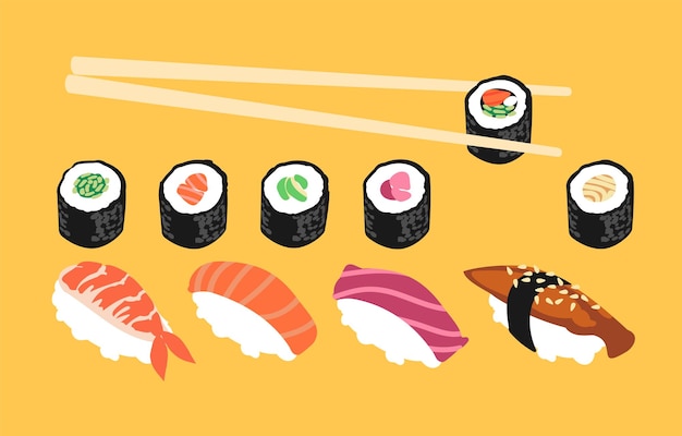 Zestaw do sushi Maki i nigiri z różnymi nadzieniami i składnikami