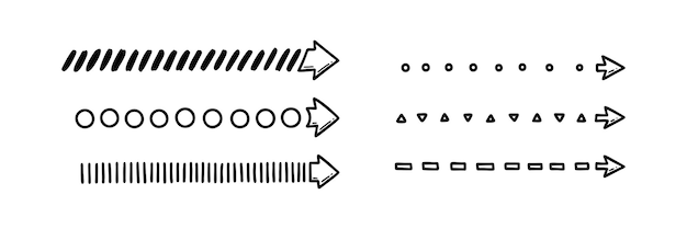 Zestaw doodle dot dash okrąg bezpośrednia wąska strzała Sketchy scribble line Element projektowania cyfrowego