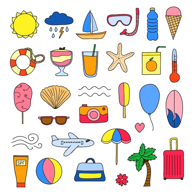 Zestaw doodle letnich i wakacyjnych przedmiotów
