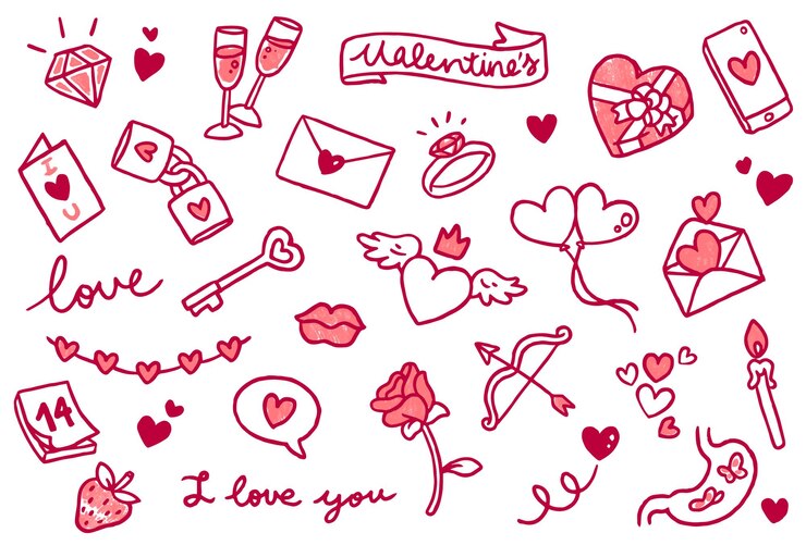 Wektor zestaw doodle'ów na święto walentynek