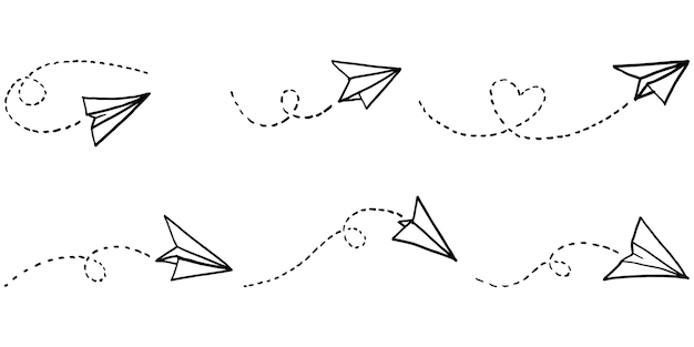 Plik wektorowy zestaw doodle papierowy samolot ikona. ręcznie rysowane papierowy samolot. ilustracji wektorowych.