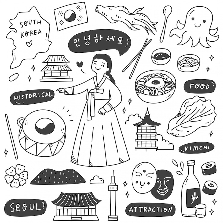 Wektor zestaw doodle podróży przeznaczenia korea południowa