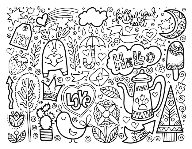 Plik wektorowy zestaw doodle szkic, rysunek ładne elementy, czarno-białe