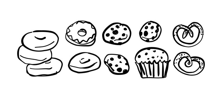 Zestaw Doodle z pączkami, ciasteczkami, babeczkami i innymi słodyczami, ręcznie narysowana ilustracja wektorowa