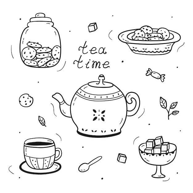 Zestaw Doodles Tea Time Czarna Liniowa Kolekcja Ceramicznych Czajniczek Filiżanka Herbat I Kostek Cukru