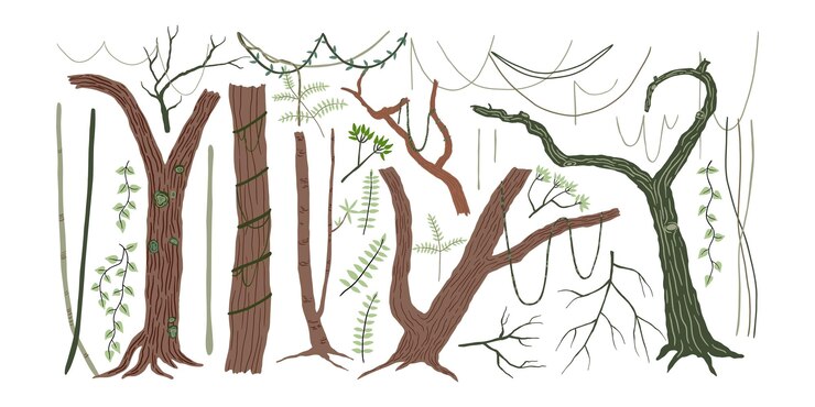 Zestaw drzew dżungli, winorośli i gałęzi, las deszczowy, dzika natura, ilustracja wektorowa w stylu płaskim